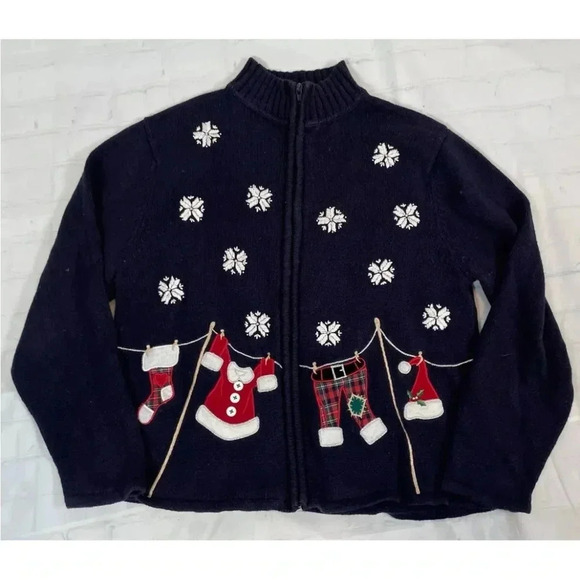 Crystal Kobe Blue Christmas Zip cardigan Sweater Santa's clothes snowflakes M - Picture 13 of 16